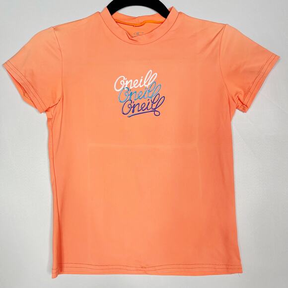 ONeill Girls Size 14 Bright Orange Short Sleeve Swim Rashguard Top Skins UPF 50+ - Picture 1 of 8